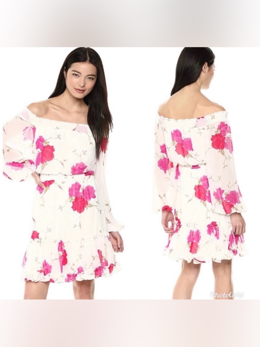 Betsey Johnson White Off-Shoulder Dress with Hot Pink Floral Print